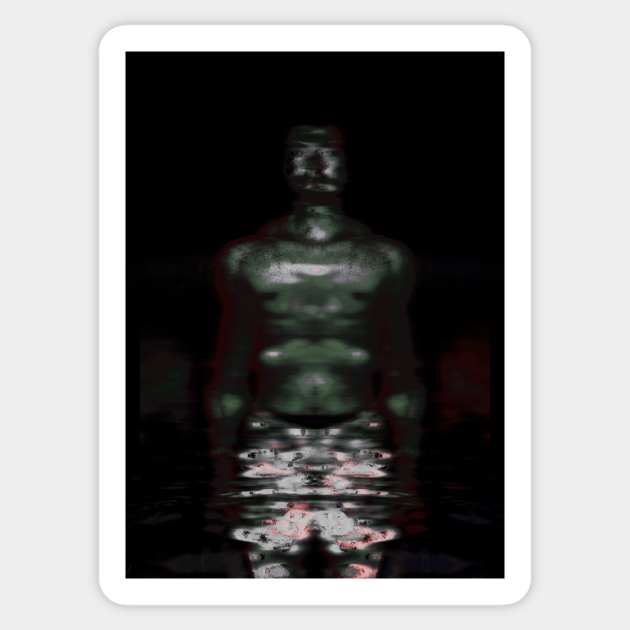 Portrait, digital collage and special processing. Muscular weird guy in briefs. Darkness. Glow. Green, gray. Sticker by 234TeeUser234